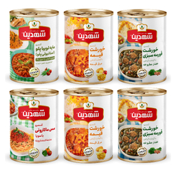 کنسرو خورشت قورمه سبزی با گوشت گیاهی، خورشت قیمه با گوشت گیاهی و سس ماکارونی با سویا و مایه لوبیا پلو شهدین وزن 370 گرم بسته 6 عددی