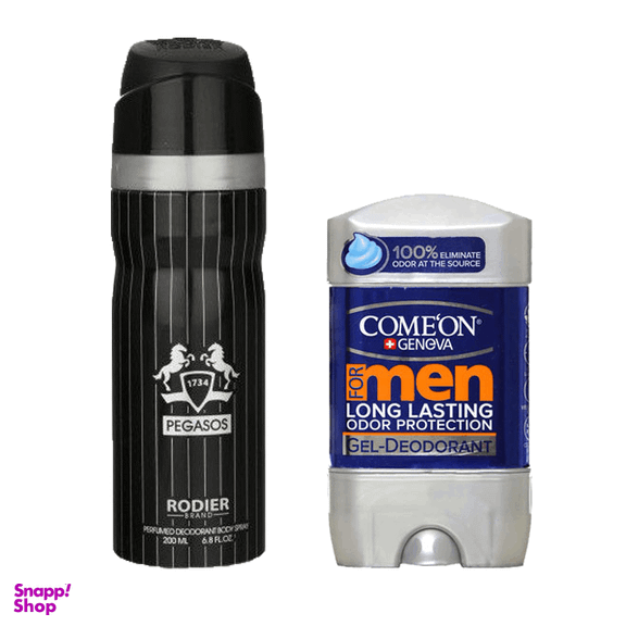 اسپری ضد تعریق مردانه رودیر مدل Pegasos به همراه استیک ضد تعریق مردانه کامان مدل Long Lasting مجموعه 2 عددی
