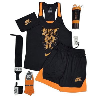 ست لباس و تجهیزات ورزشی مردانه کد 1622 رنگ مشکی نارنجی مجموعه 6 عددی