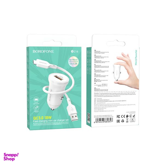 شارژر فندکی بروفون مدل BZ18 QC3.0 18W به همراه کابل تبدیل MicroUSB