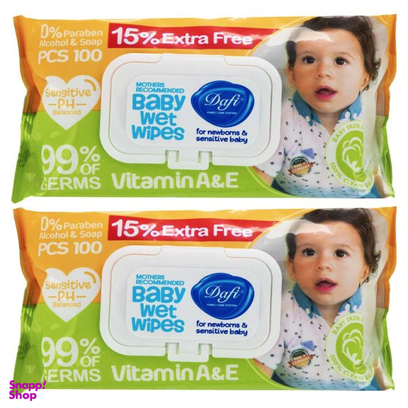 دستمال مرطوب کودک دافی مدل اکسترا مجموعه 2 بسته 100 عددی