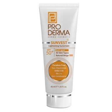کرم ضد آفتاب پرودرما مدل ضد لک spf 50 مناسب انواع پوست رنگ بژ طبیعی حجم 40 میلی لیتر
