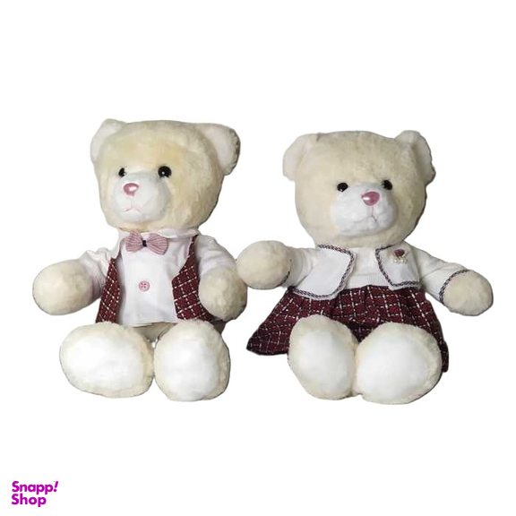 عروسک طرح خرس دختر و پسر لباس چهارخانه ای سایز 35 سانتی متر مجموعه ۲ عددی