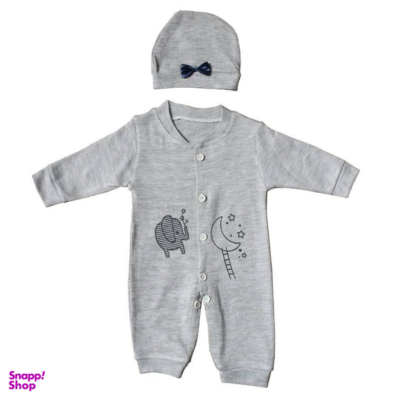 ست سرهمی و کلاه نوزادی مدل فیل و ستاره رنگ طوسی