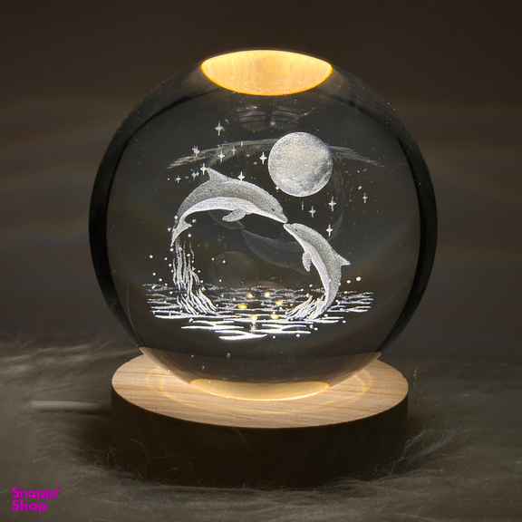 چراغ خواب مدل گوی کریستال سه بعدی طرح دلفین و ماه سایز 10 سانتی متر