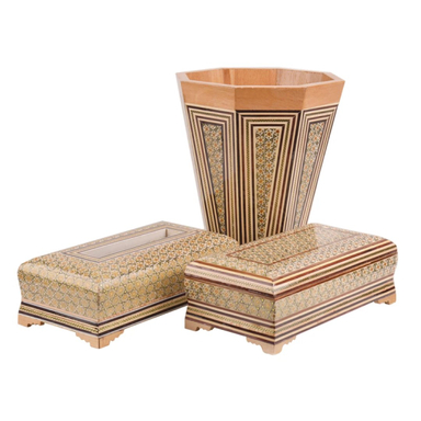 ست جعبه دستمال کاغذی و جاکاردی و سطل خاتم کاری هنرلوکس کد tp3