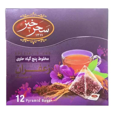دمنوش مخلوط پنج گیاه زعفرانی و جینسینگ سحرخیز بسته ۱۲ عددی
