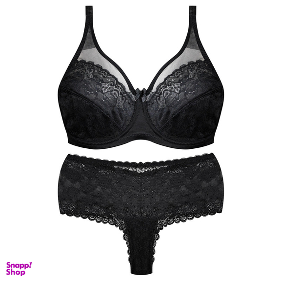 ست شورت و سوتین زنانه شاندرمن مدل فنردار گیپور گلدار کد 5080-2464-04 رنگ مشکی