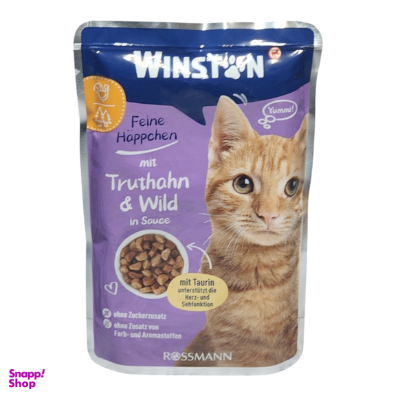 پوچ گربه وینستون مدل بوقلمون و گوشت شکاری در سس وزن 100 گرم