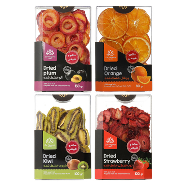 میوه‌ خشک زرنگاران طعم پرتقال و توت فرنگی و کیوی و آلو وزن 430 گرم بسته 4 عددی