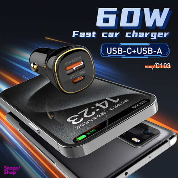 شارژر فندکی 60 وات الدینیو مدل C103 به همراه کابل USB-C