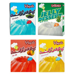 پودر ژله بلوبری و آلوئه ورا و هلو و میوه های گرمسیری شیبابا وزن 100 گرم مجموعه 4 عددی