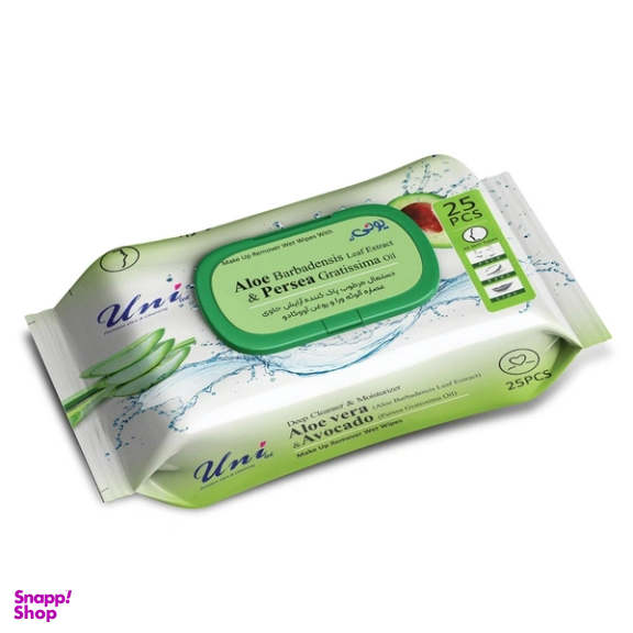 دستمال مرطوب پاک کننده آرایش یونی لد مدل آووکادو و آلوئه ورا بسته 25 عددی