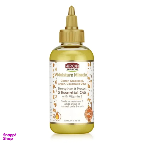 روغن ترمیم کننده قوی مو آفریکن پراید مدل 5 essential oils مناسب موهای مجعد و فر حجم 118 میلی لیتر