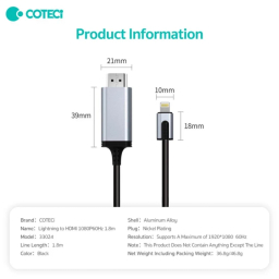 کابل تبدیل Lightning به HDMI کوتسی مدل 33024 طول 1.8 متر