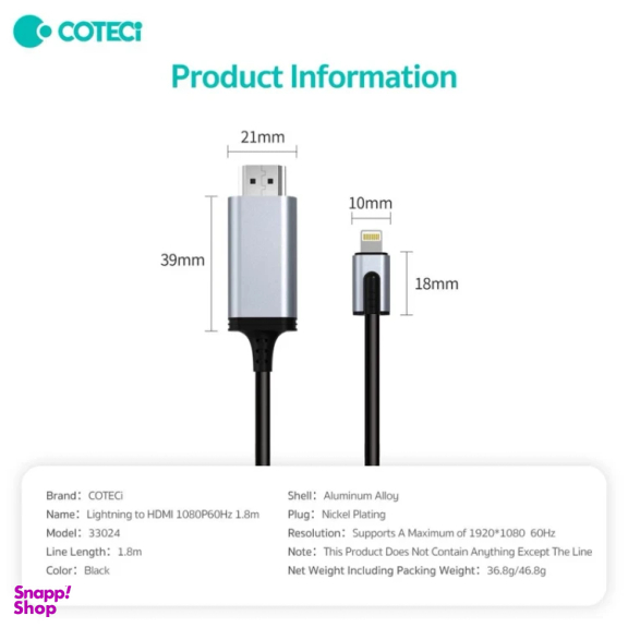 کابل تبدیل Lightning به HDMI کوتسی مدل 33024 طول 1.8 متر