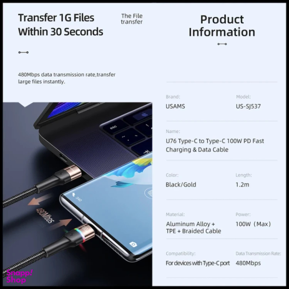 کابل دیتا USB Type-C یوسمز مدل US-SJ537 طول 1.2 متر