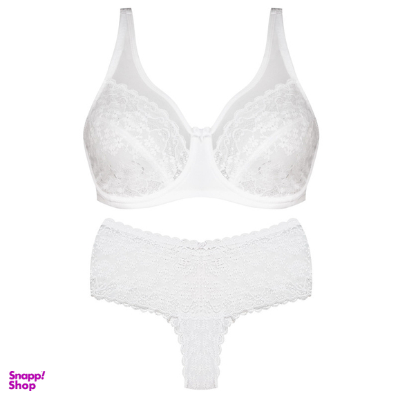 ست شورت و سوتین زنانه شاندرمن مدل فنردار گیپور گلدار کد 5080-2464-03 رنگ سفید