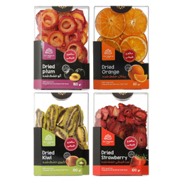 میوه‌ خشک زرنگاران طعم پرتقال و توت فرنگی و کیوی و آلو وزن 430 گرم بسته 4 عددی