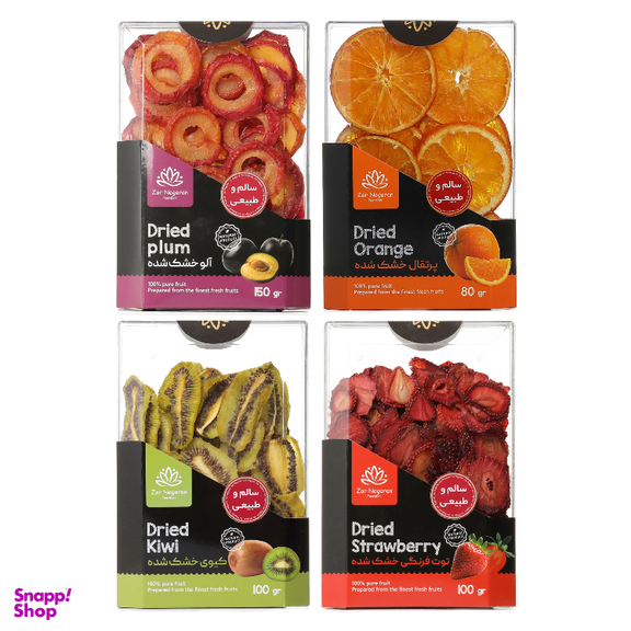 میوه‌ خشک زرنگاران طعم پرتقال و توت فرنگی و کیوی و آلو وزن 430 گرم بسته 4 عددی