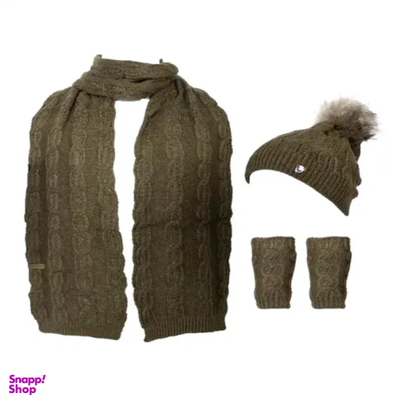 ست شال گردن و کلاه و دستکش زنانه منگوله دار طرح مارپیچ سبز