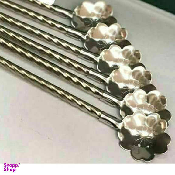 قاشق شربت خوری مدل پیچ نی دار طرح گل بسته 6 عددی به همراه برس شست و شو