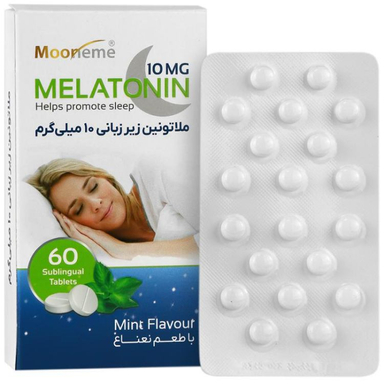 قرص زیر زبانی ملاتونین 10 میلی گرم مونم اکسیر آفرین آریا با طعم نعناع بسته 60 عددی