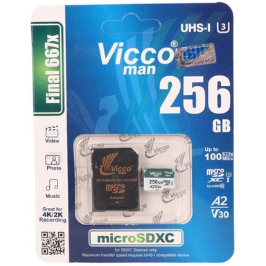 کارت حافظه MicroSDXC ویکومن مدل Man Final 667X A2 V30 U3 100MB/s ظرفیت 256 گیگابایت به همراه آداپتور