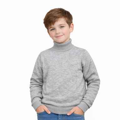 پلیور یقه اسکی پسرانه کولزیون مدل ملانژ ابر و بادی رنگ طوسی روشن