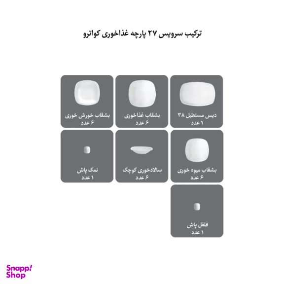 سرویس غذاخوری 27 پارچه چینی زرین ایران مدل وگاس اوریت سری کواترو درجه 1