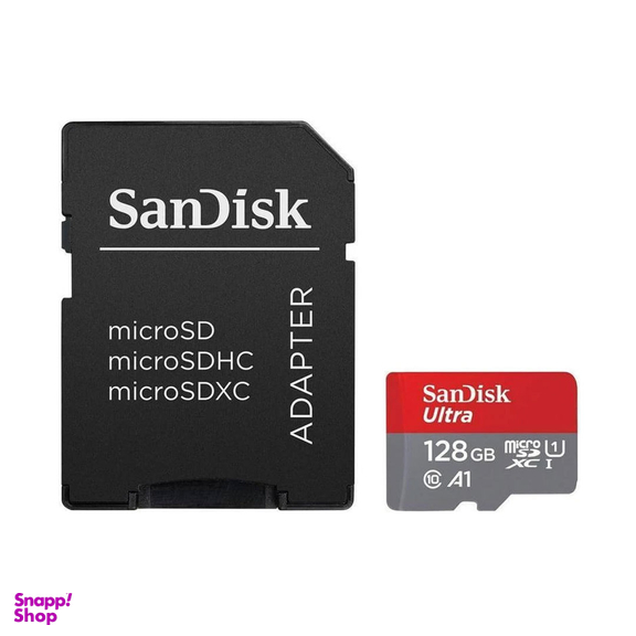 کارت حافظه microSDXC سن دیسک مدل Ultra A1 کلاس 10 استاندارد UHS-I سرعت 100MBps ظرفیت 128 گیگابایت همراه با آداپتور SD