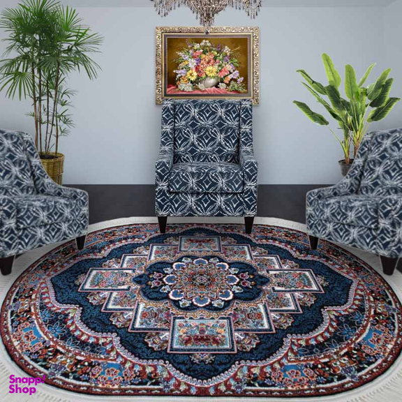 فرش ماشینی مدل بیضی طرح ناردون رنگ سرمه ای