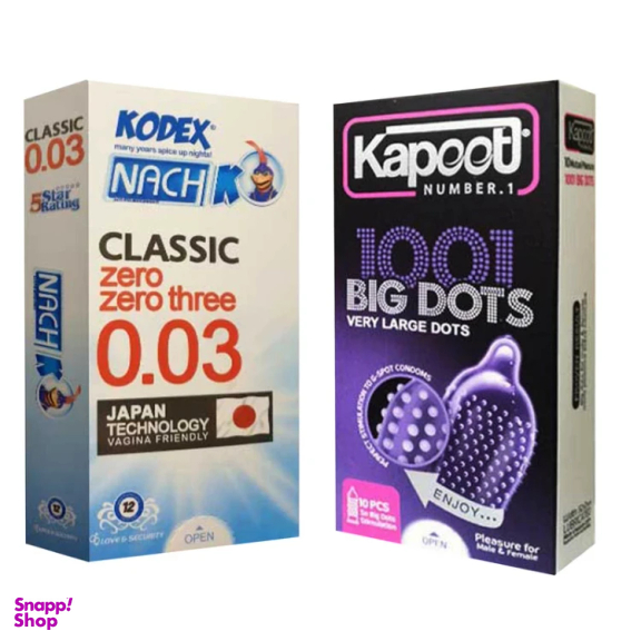 کاندوم کاپوت مدل BIG DOTS بسته 10 عددی به همراه کاندوم ناچ کدکس مدل 03 بسته 10 عددی