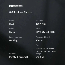 شارژر رومیزی فست شارژ 100 وات رسی مدل GaN Recci RC39
