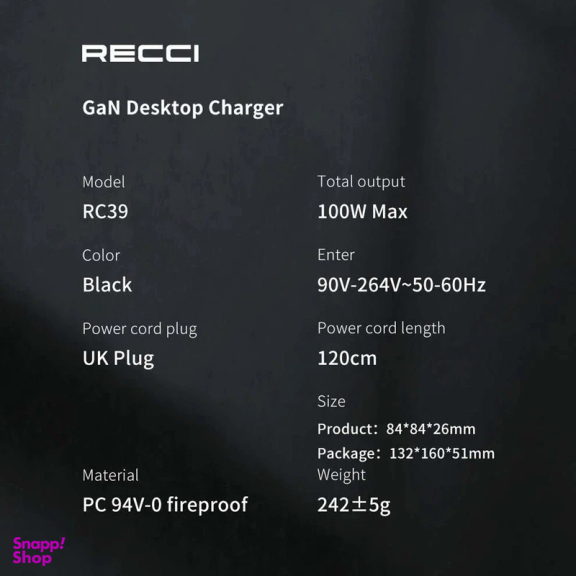 شارژر رومیزی فست شارژ 100 وات رسی مدل GaN Recci RC39