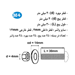 پیچ و مهره و واشر هامر مدل استوانه کد M4-30mm بسته 75 عددی
