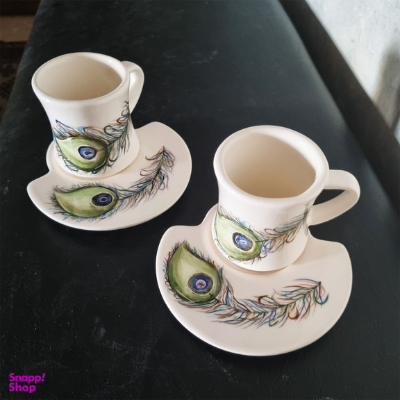 ست فنجان و نعلبکی سرامیکی طرح پر طاووس بسته ۶ عددی