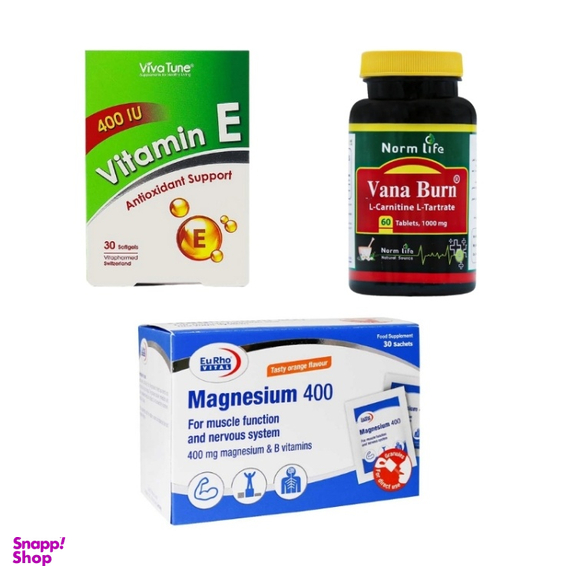 پک ویتامین ای ویواتیون 400 واحدی و ساشه منیزیم 400 یوروویتال و قرص ال کارنتین 1000 میلی گرم نرم لایف مجموعه 3 عددی