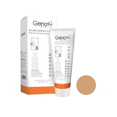 کرم ضد آفتاب رنگی ژنوبایوتیک با SPF50 رنگ بژ طبیعی مناسب پوست چرب و مختلط