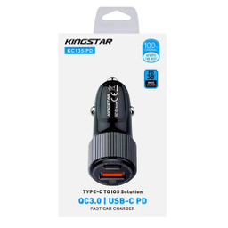 شارژر فندکی 38 وات کینگ استار مدل KC135i PD به همراه کابل USB-C به لایتنینگ