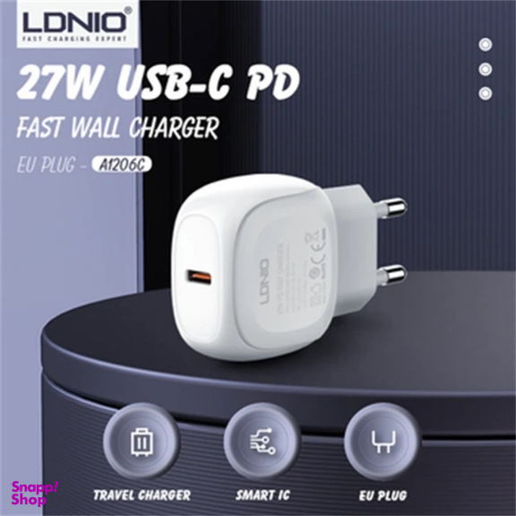 آداپتور شارژر 27 وات الدینیو مدل A1206C به همراه کابل تبدیل USB-C