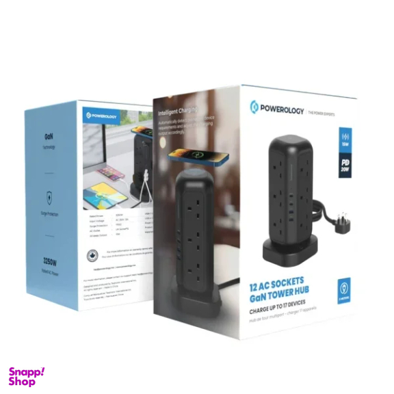 چند راهی برق پاورولوژی مدل  12 AC Sockets GaN Tower Hub PWCUQC025BK