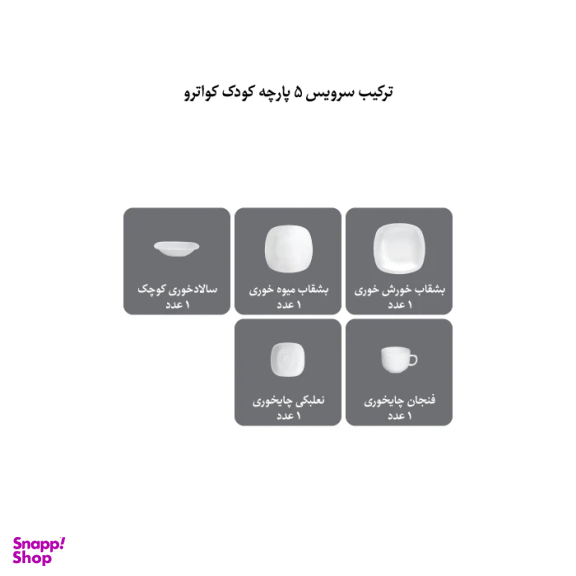 سرویس غذا خوری 5 پارچه کودک چینی زرین ایران سری کواترو مدل اسنوپی درجه عالی