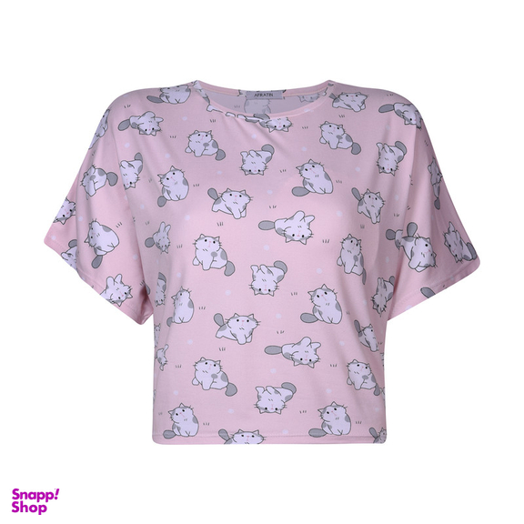 ست کراپ تی شرت آستین کوتاه و شلوارک راحتی زنانه افراتین مدل گربه متعجب کد 6584