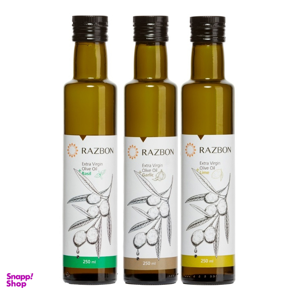 روغن زیتون فرابکر رزبن با طعم های ریحان، سیر و لیموترش حجم 250 میلی لیتر بسته 3 عددی