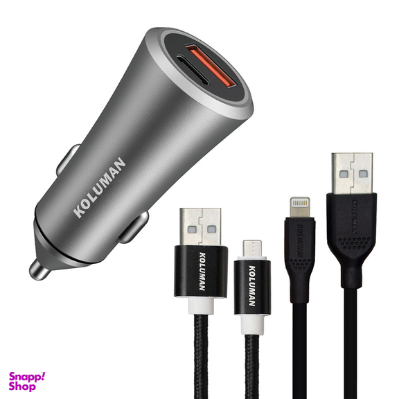 شارژر فندکی کلومن مدل KC - C03 به همراه کابل MICROUSB و لایتنینگ