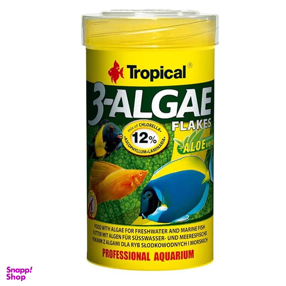 غذا ماهی تروپیکال مدل 3-algae پولکی با عصاره آلوورا حجم 250 میلی لیتر