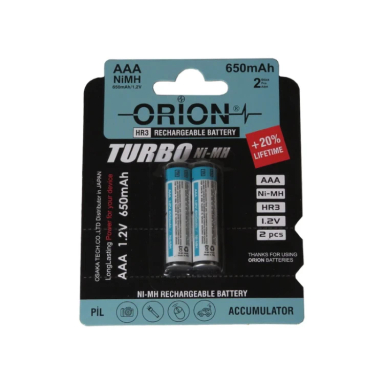باتری نیم قلمی قابل شارژ اوریون مدل 1.2V AAA ظرفیت 650 میلی آمپر ساعت بسته 2 عددی