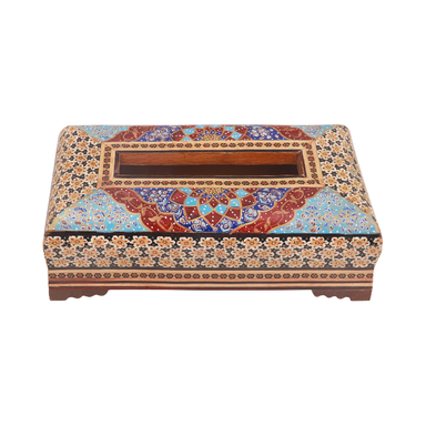 جعبه دستمال کاغذی خاتم کاری مدل تخمه دار چوبی نقاشی کد 21 اسلیمی