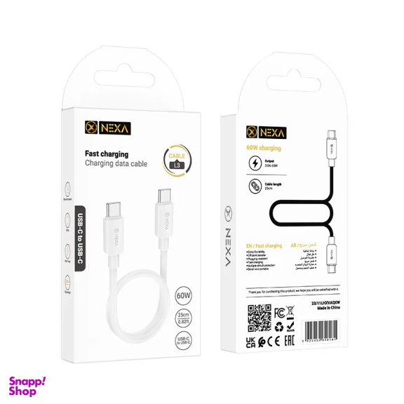 کابل شارژ 60 وات Type-C نکسا مدل L3 طول 25 سانتی‌ متر